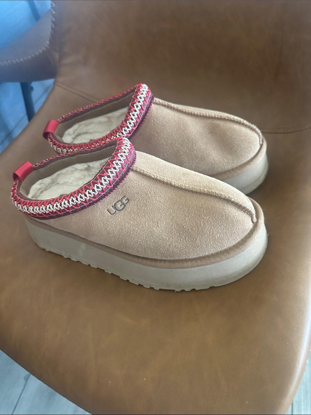 UGG Women's Tan Suede Shearling Clog with Pink and Red Trim
